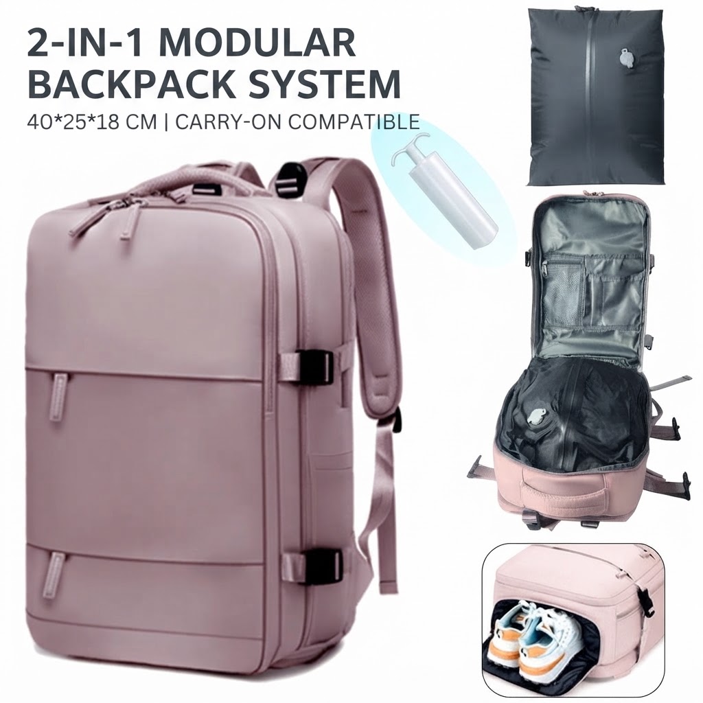 2-in-1 modular backpack system diagram with compression cube dimensions and a pink colorway example