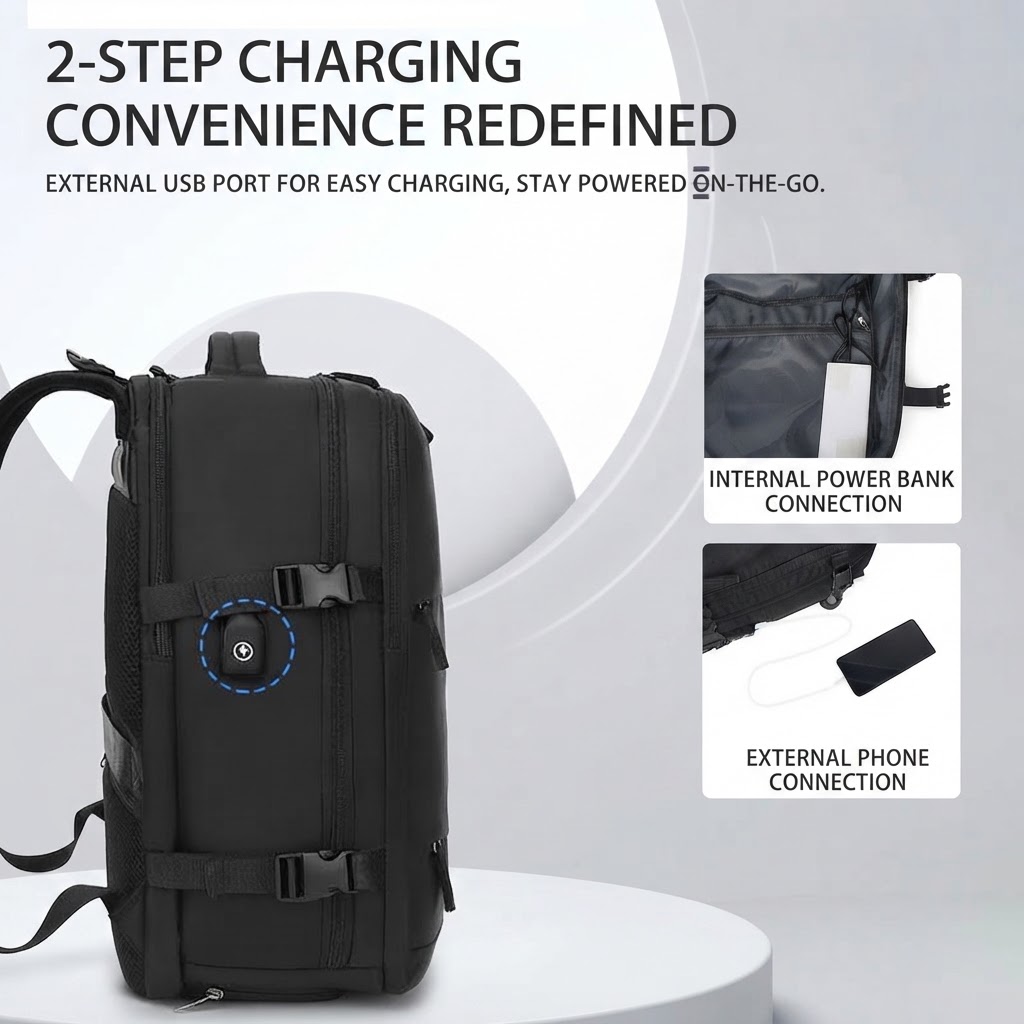 2-step charging diagram showing internal power bank and external phone connections