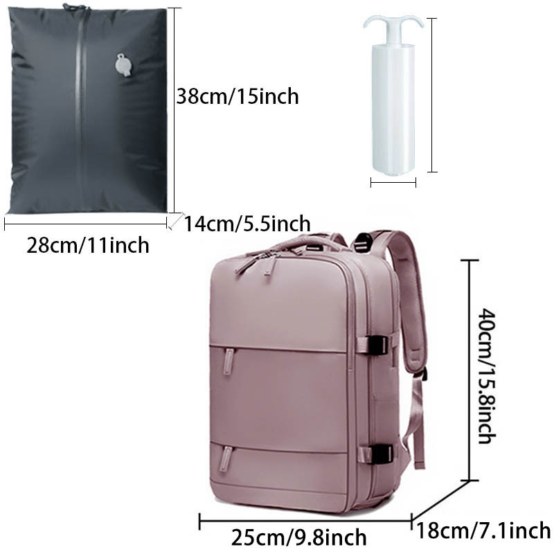dimension chart for the removable compression cube (38x28x14cm) alongside the pink backpack (40x25x18cm)