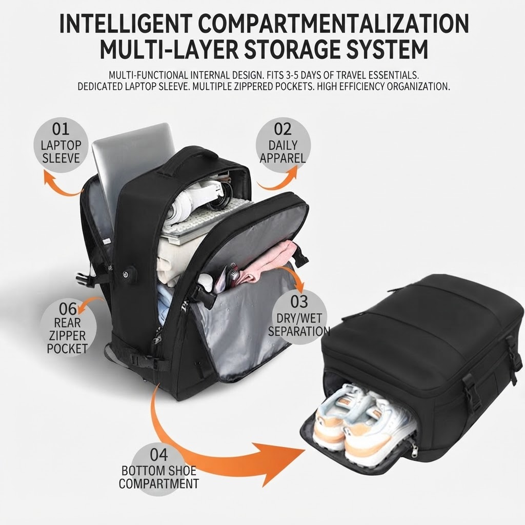 intelligent compartmentalization multi-layer storage diagram with a laptop, headphones and folded clothing packed inside