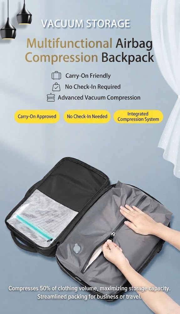 hands compressing folded clothing inside the main compartment, with carry-on and no-check-in callouts