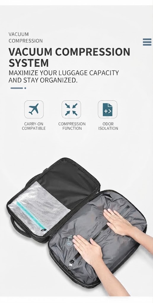 vacuum compression system icons: carry-on compatible, compression function, odor isolation