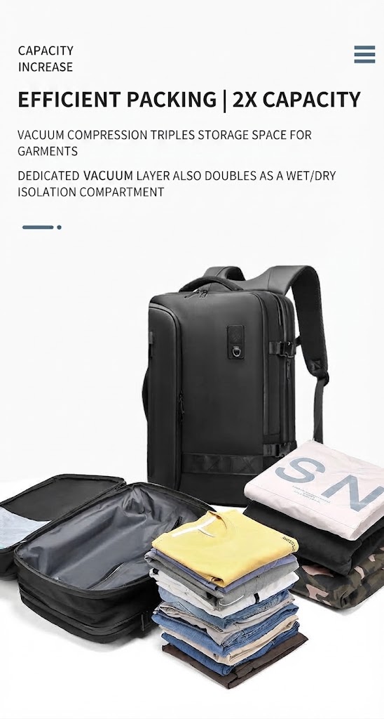backpack shown beside a packed compression cube and a stack of folded clothing
