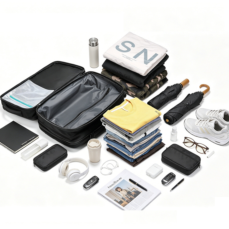 full flat-lay of everything the backpack can carry: clothing, shoes, umbrella, electronics and toiletries