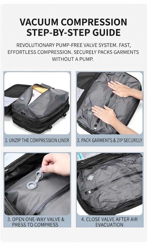 step-by-step vacuum compression guide: unzip liner, pack and zip, open valve, close valve after evacuation