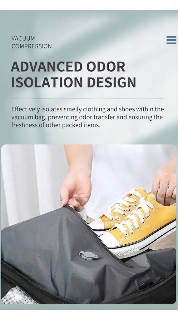 advanced odor isolation demonstrated by packing a shoe into the vacuum bag