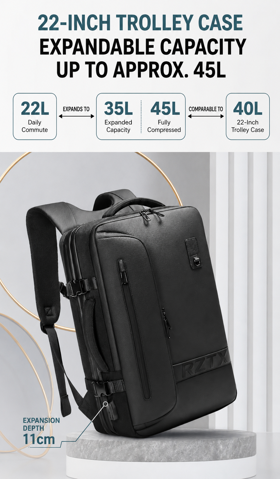 22-inch trolley case comparison: 22L daily commute expands to 35L and compresses to 45L, with an 11cm expansion depth