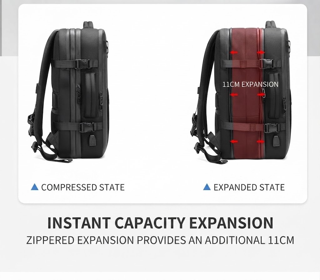 side-by-side compressed vs. expanded states showing the 11cm zippered expansion gusset
