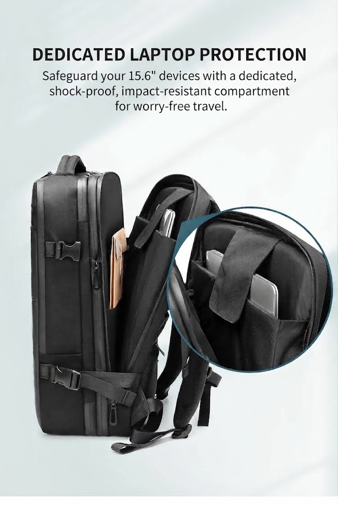 dedicated laptop compartment shown fitting a laptop and documents, labeled for a 15.6 inch device