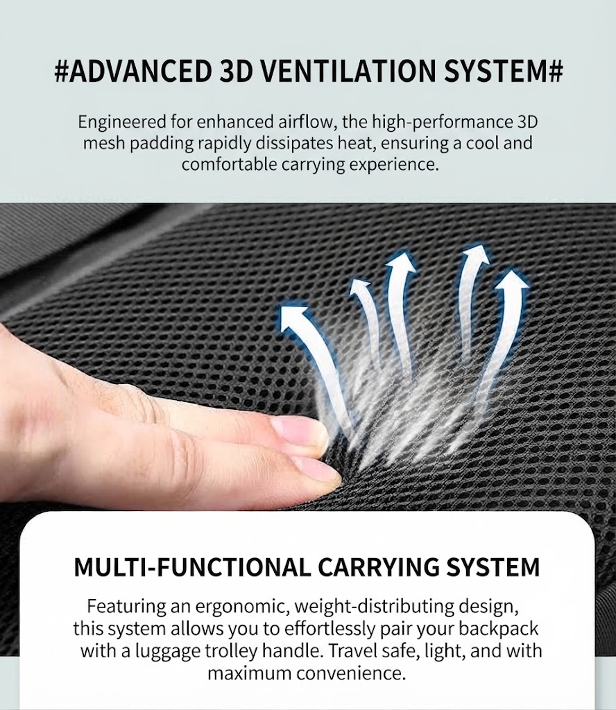 3D mesh back panel ventilation close-up with a hand pressing into the padding
