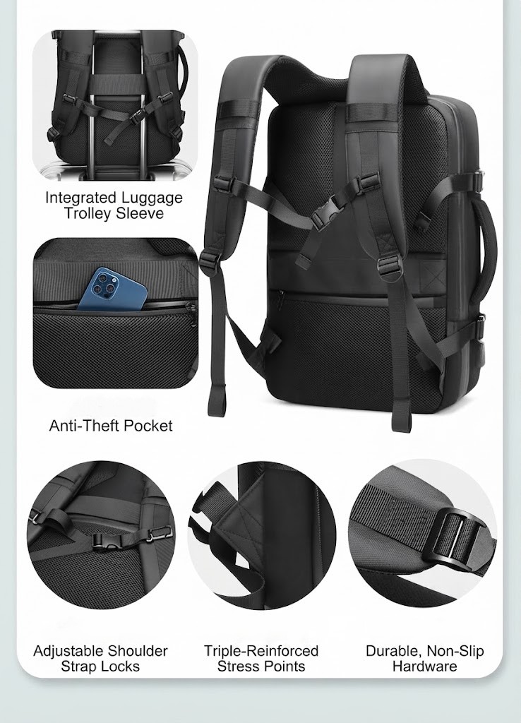 back view labeling the integrated luggage trolley sleeve, anti-theft pocket, shoulder strap locks and reinforced stress points