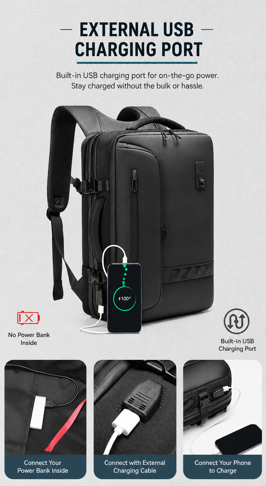 external USB charging port shown charging a phone, with internal and external connection close-ups