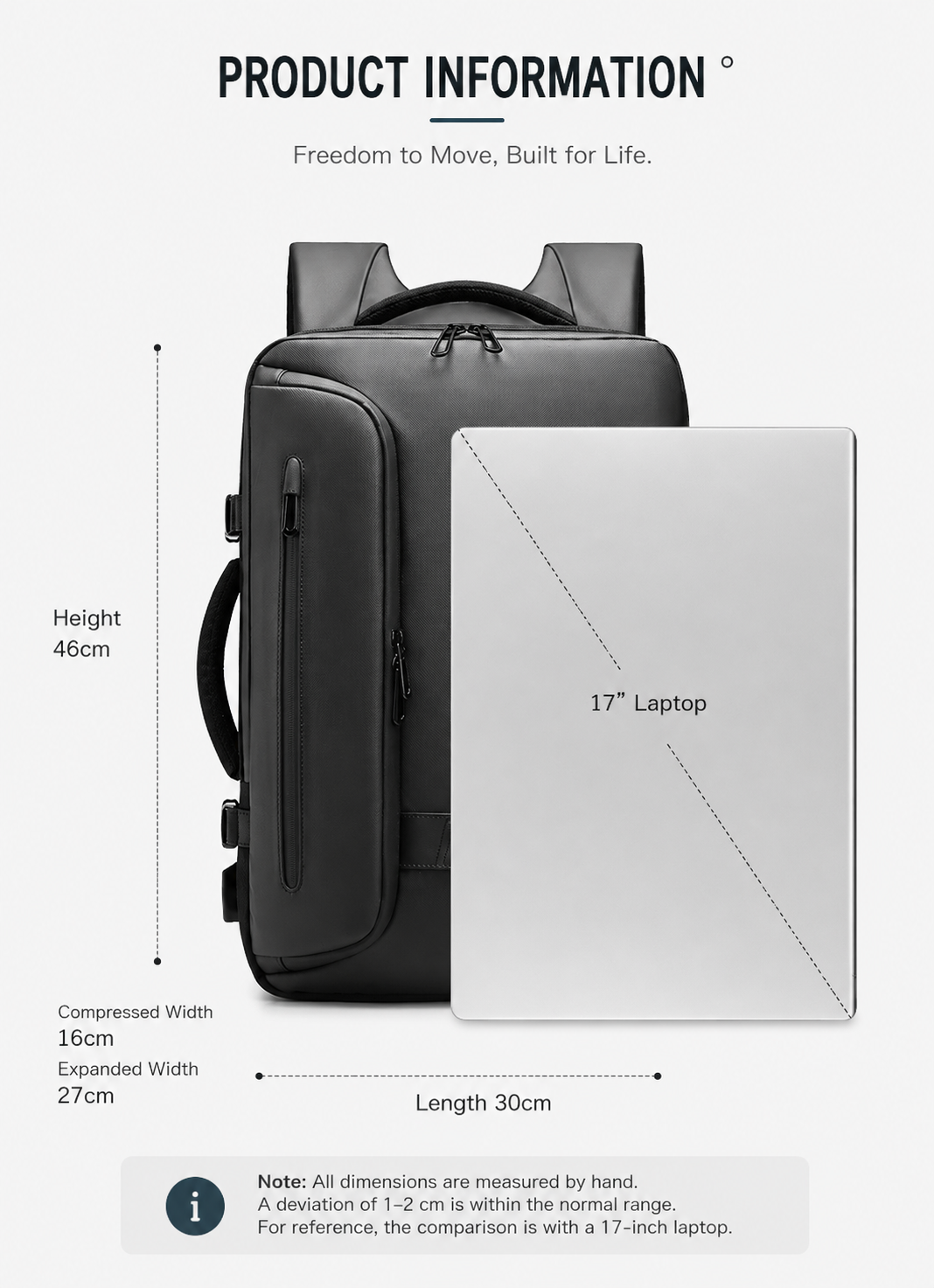 product dimension chart: 46cm height, 30cm length, 16cm compressed/27cm expanded width, shown beside a 17 inch laptop