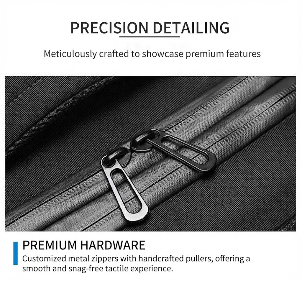 premium metal zipper hardware close-up with handcrafted pullers