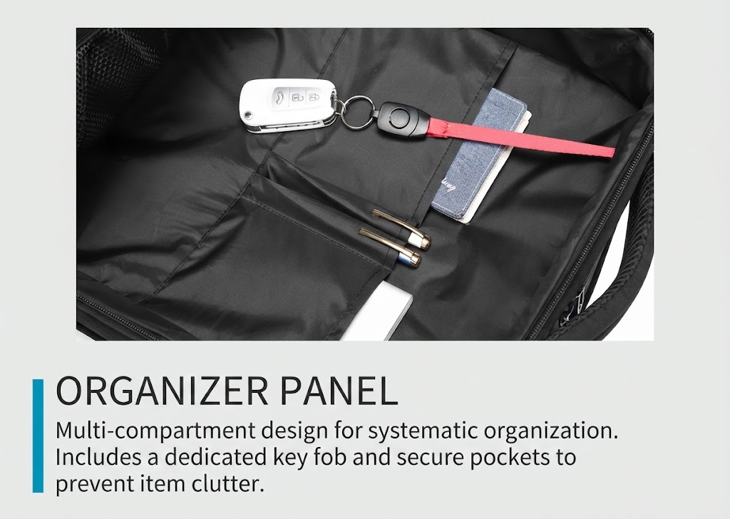 organizer panel with a dedicated key fob loop and secure pockets
