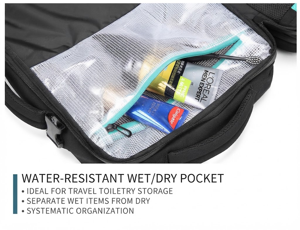 water-resistant wet/dry pocket packed with travel toiletries