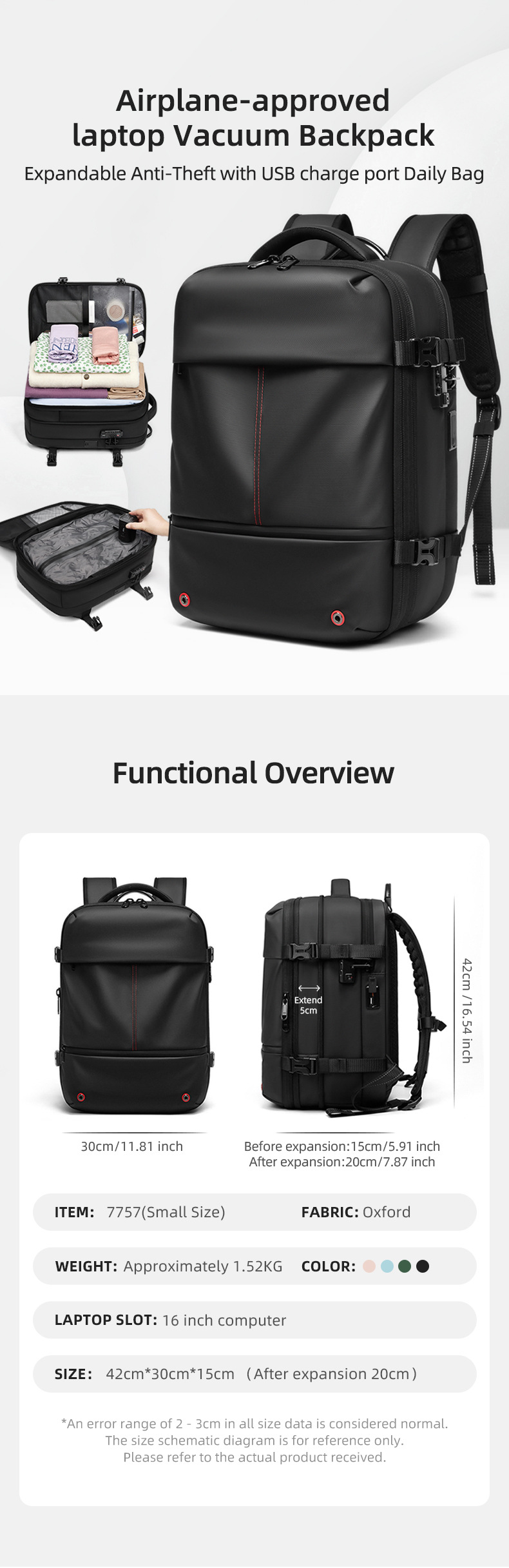airplane-approved vacuum backpack spec panel with item, fabric, weight, and size details