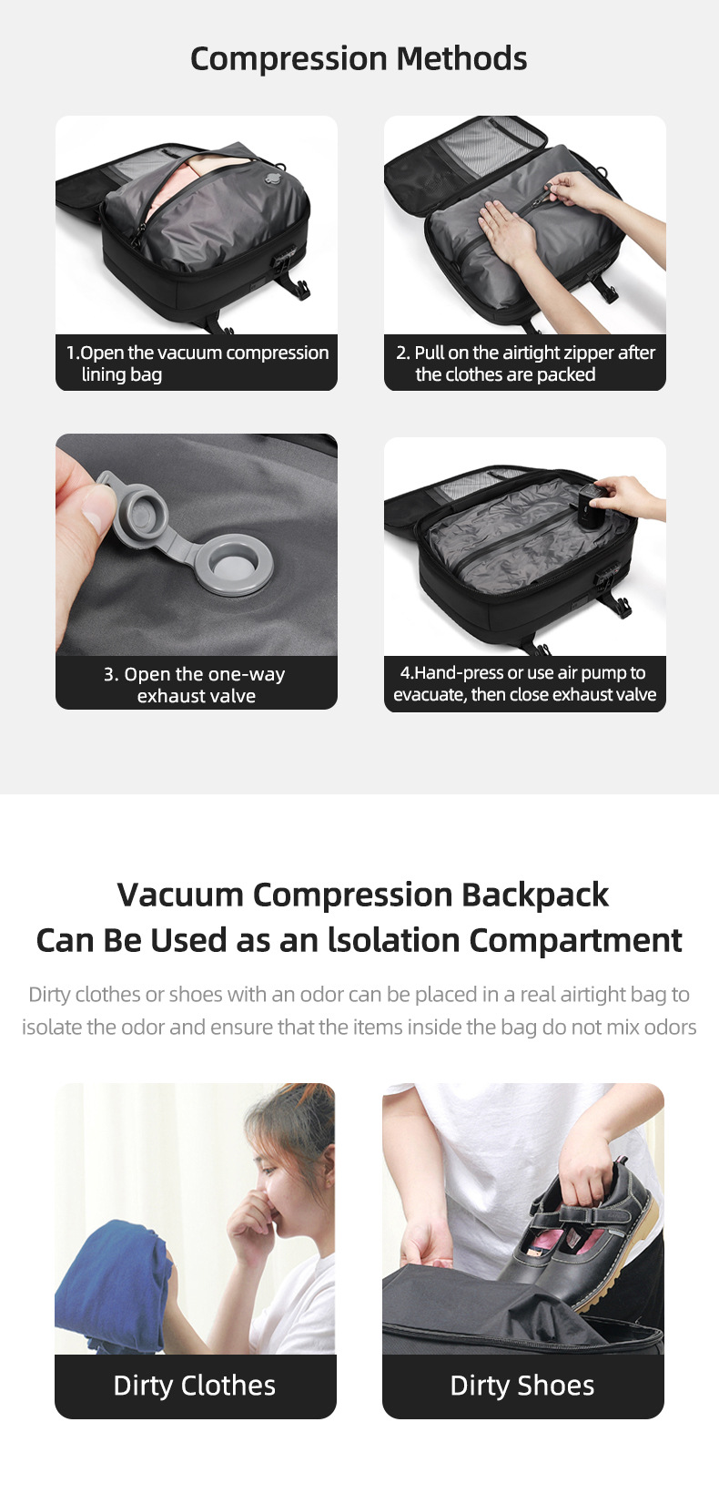 step-by-step vacuum compression method and isolation compartment for dirty clothes and shoes
