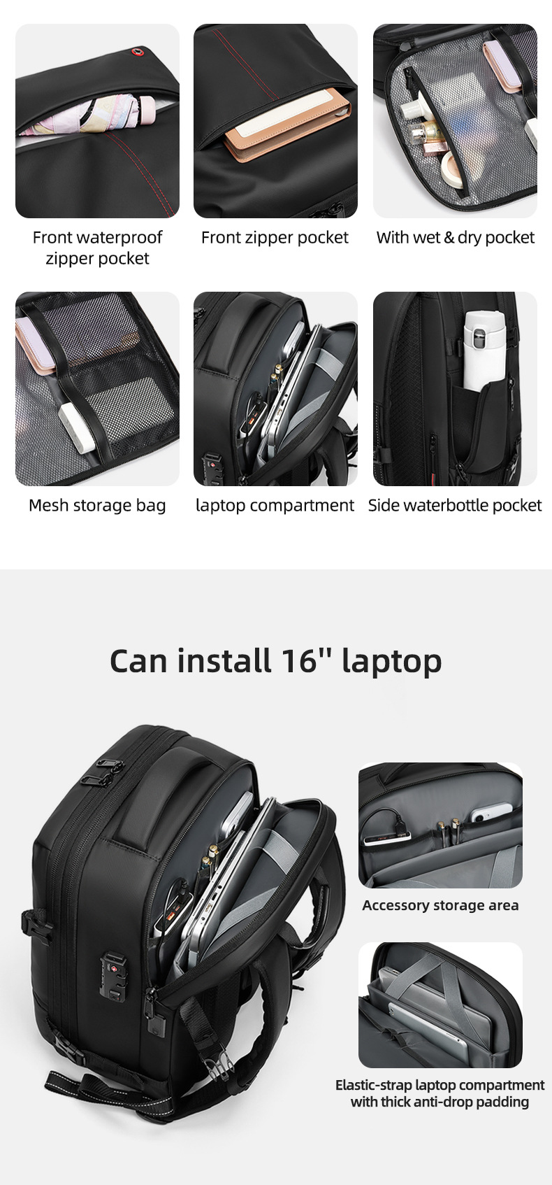 front pockets, mesh storage bag, and 16-inch laptop compartment close-up