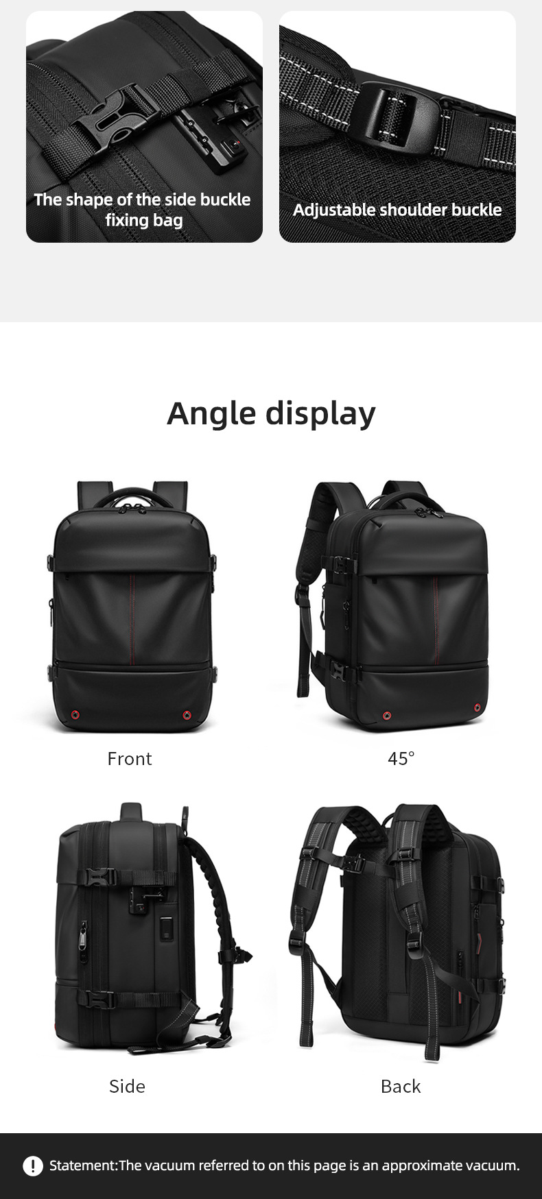 side buckle and shoulder buckle detail with front, 45-degree, side, and back angle views