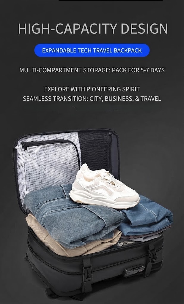 packed main compartment with folded clothes and shoes for multi-day travel