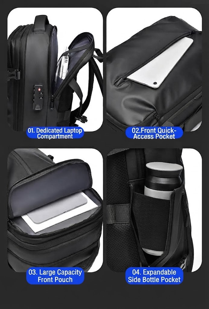 close-up of dedicated laptop compartment, front quick-access pocket, and side bottle pocket