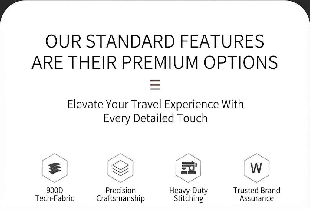 fabric and craftsmanship feature icons: 900D tech-fabric, stitching, brand assurance