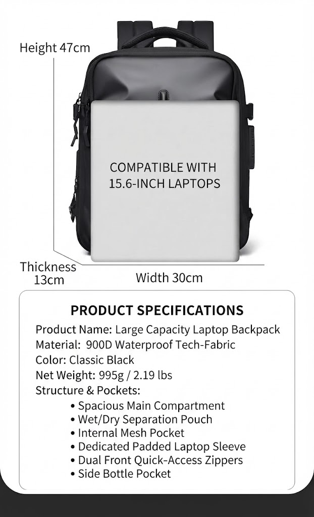 product specification panel with dimensions, material, weight, and pocket list