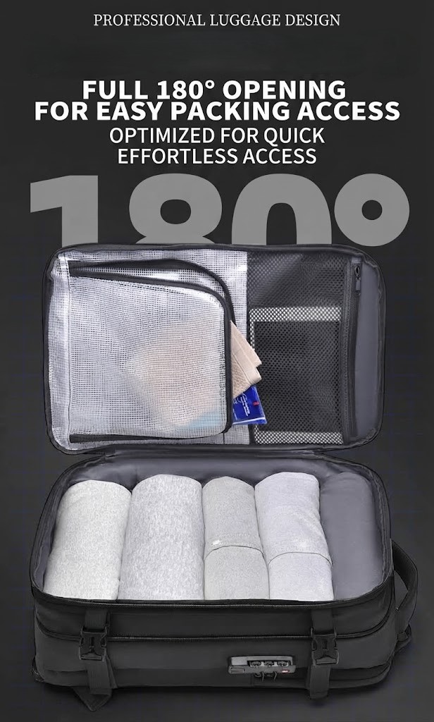 main compartment opened flat 180 degrees showing rolled clothing packed inside