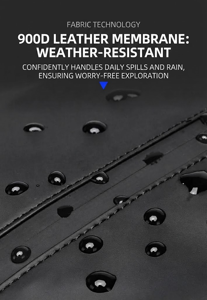 water droplets beading on the weather-resistant 900D fabric surface