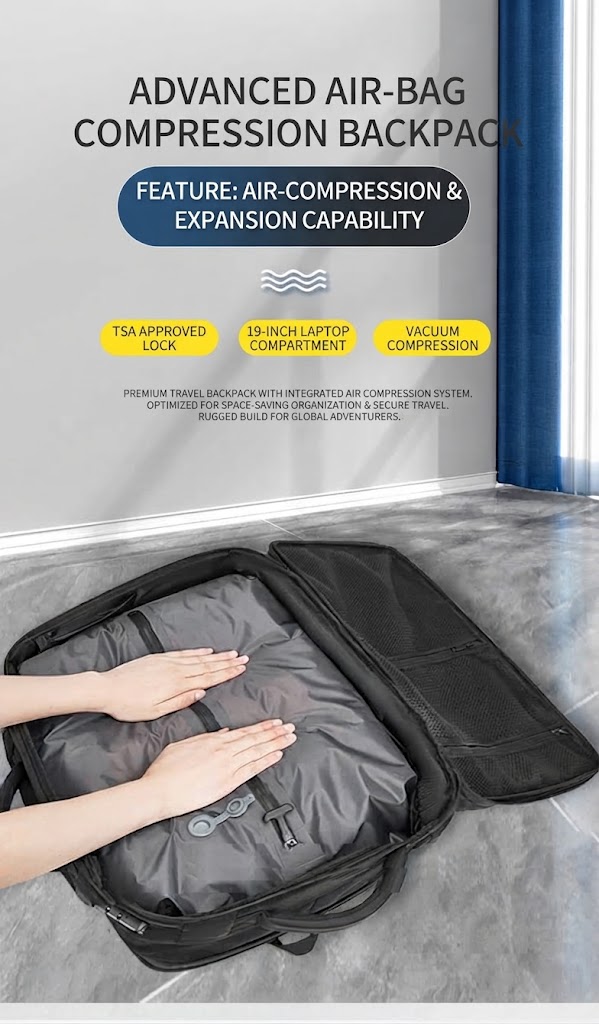 advanced air-bag compression backpack feature badges: TSA lock, 19-inch laptop, vacuum compression
