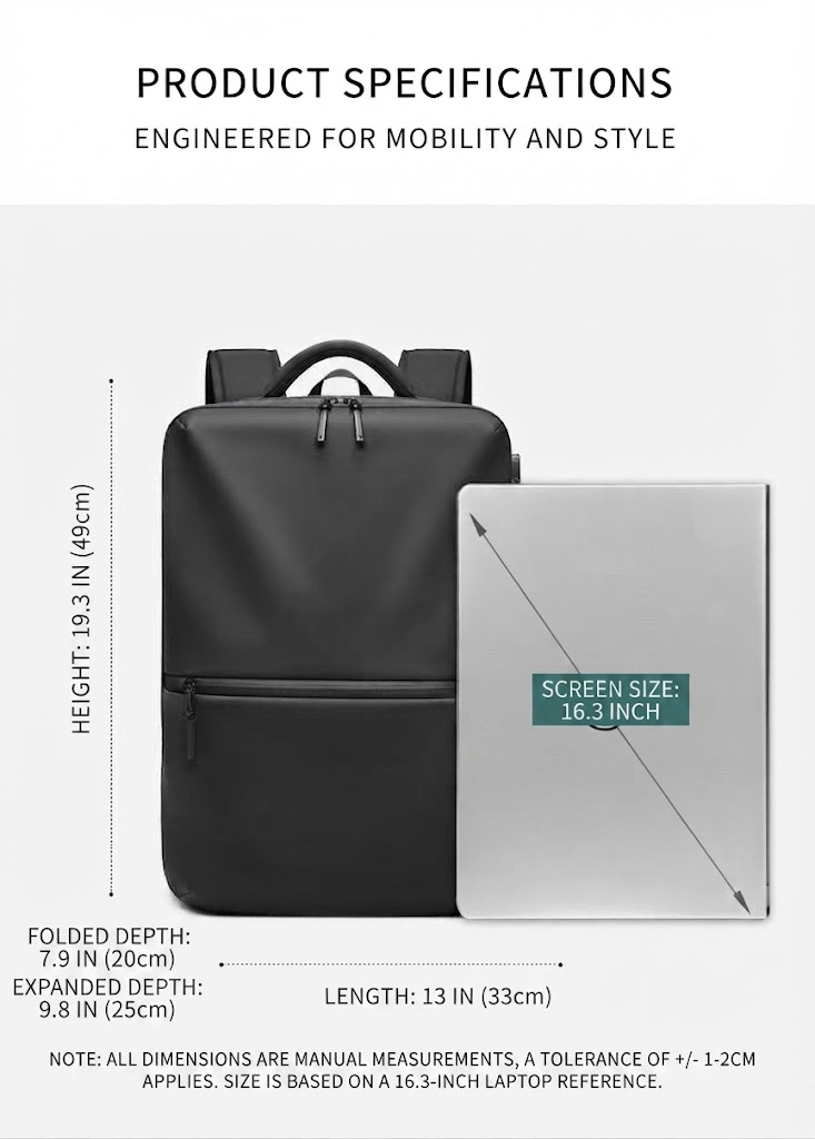 product specification panel with height, screen size reference, and depth dimensions