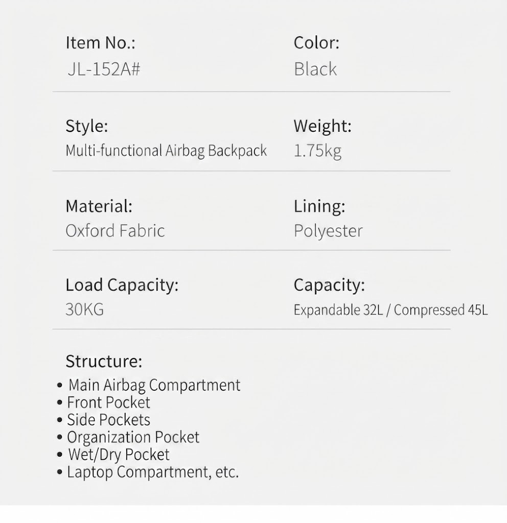 spec sheet listing item number, color, weight, material, lining, and capacity