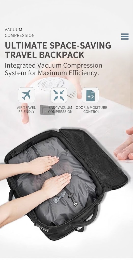 vacuum compression system icons: air travel friendly, easy compression, odor and moisture control