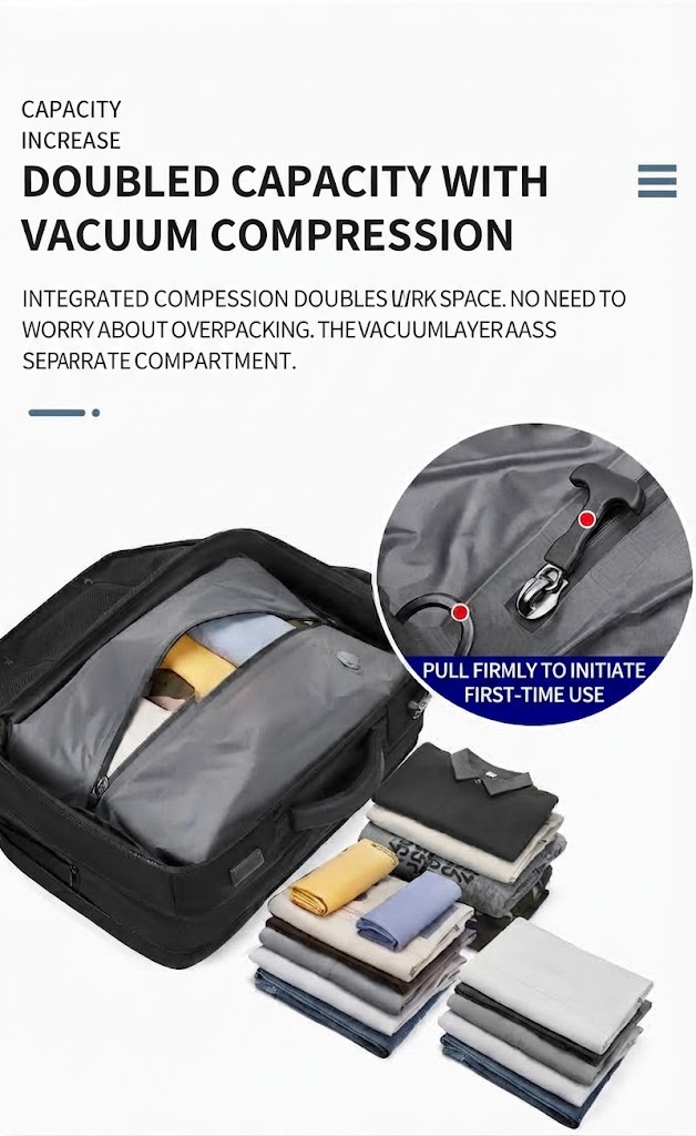 doubled capacity with vacuum compression: packed compartment and folded clothing stack