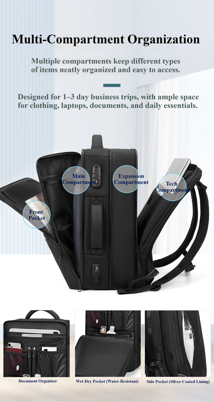 multi-compartment diagram labeling main, expansion, and tech compartments plus front pocket