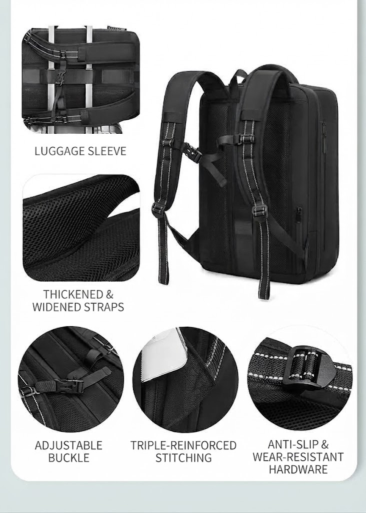 luggage sleeve, thickened shoulder straps, and hardware close-ups