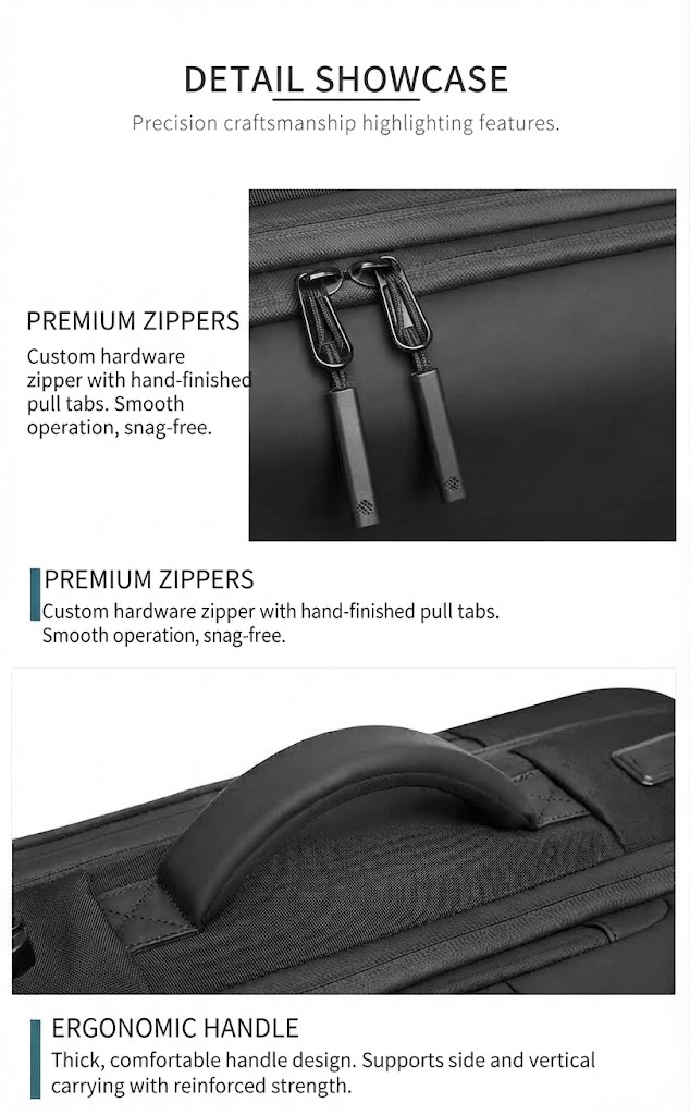 premium zipper pulls and ergonomic top carry handle close-up