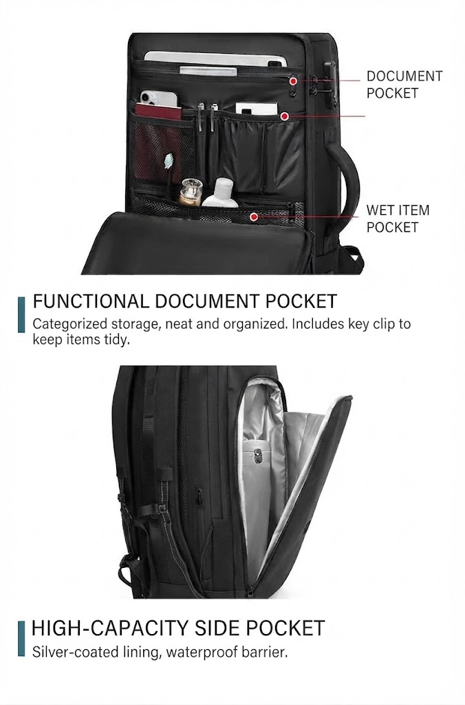 front document organizer pocket and high-capacity side pocket with silver-coated lining