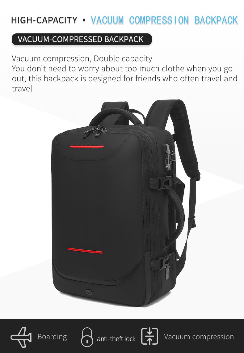 vacuum-compressed backpack banner with boarding, anti-theft lock, and compression icons
