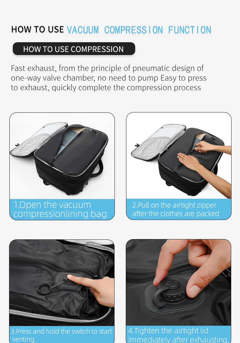 four-step guide for opening, packing, and venting the vacuum compression bag