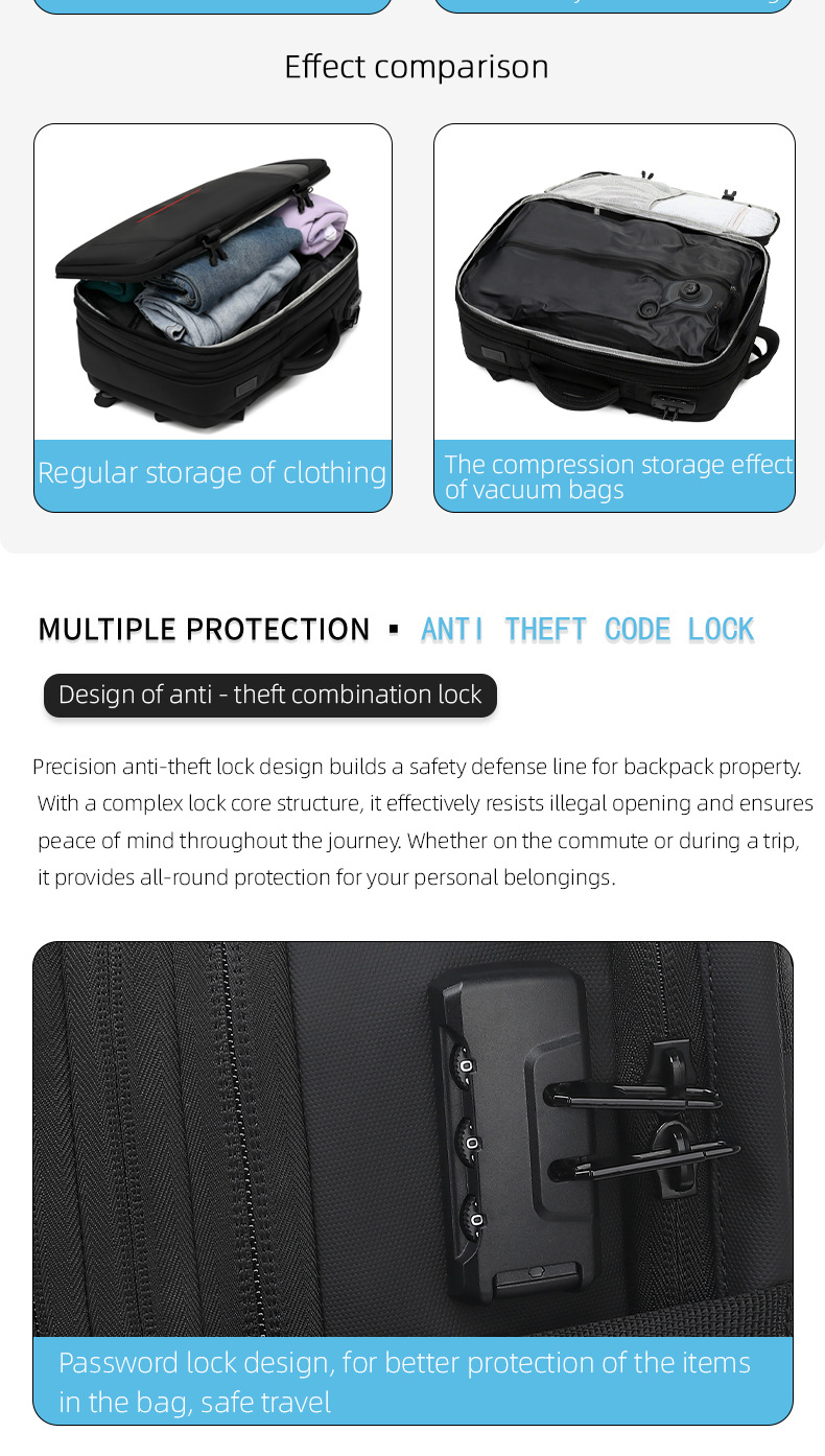 side-by-side comparison of regular versus vacuum-compressed clothing storage and combination lock close-up