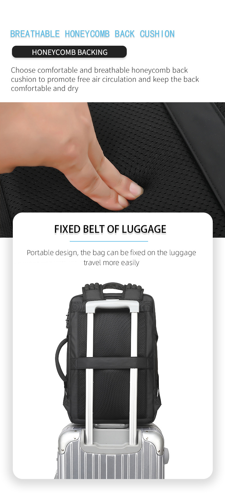 breathable honeycomb back panel and backpack mounted on a rolling suitcase handle