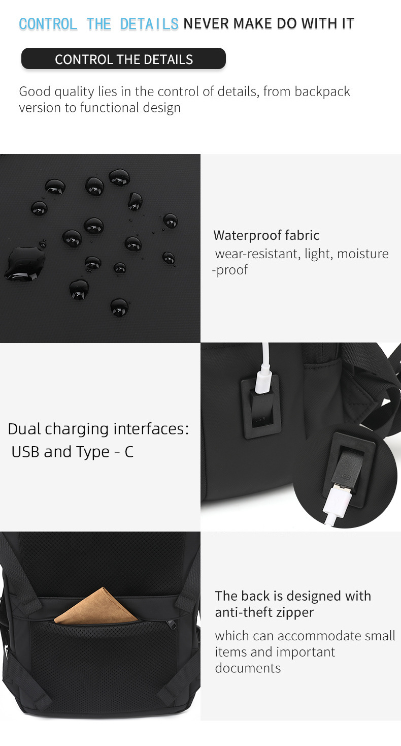waterproof fabric detail, dual USB and Type-C charging ports, and rear anti-theft pocket