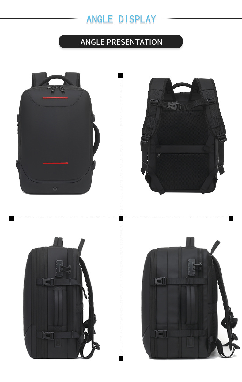 four-angle display: front, back, and side views of the backpack