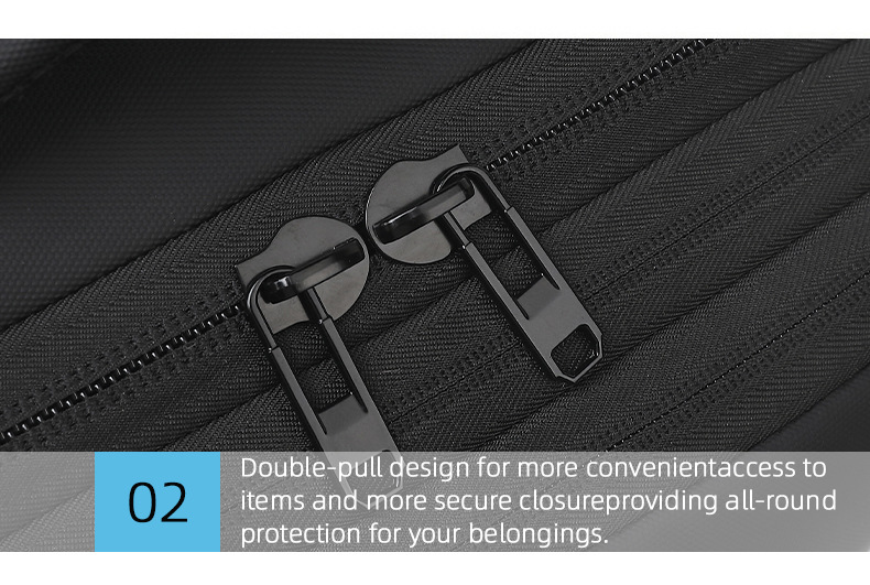 close-up of the double-pull zipper hardware