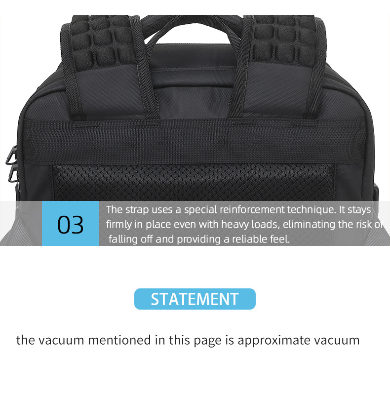 close-up of the reinforced shoulder strap stitching
