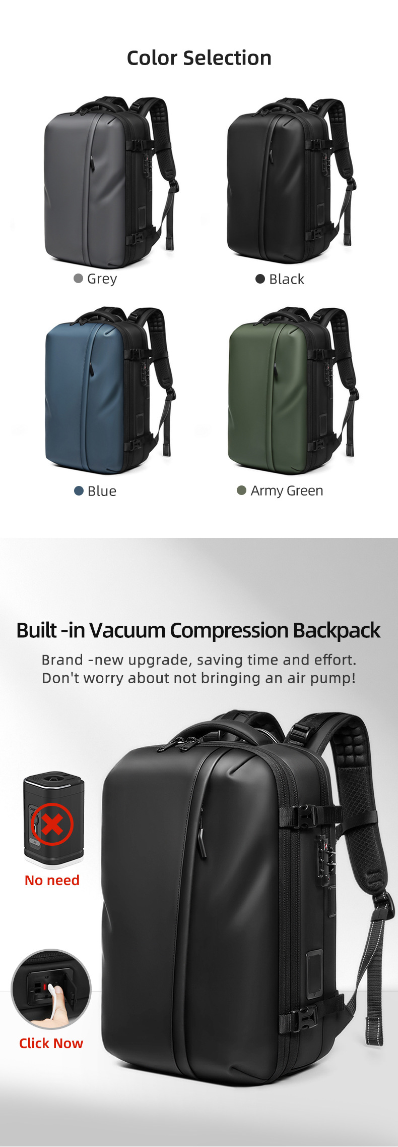 color selection panel (grey, black, blue, army green) above a built-in vacuum compression backpack overview