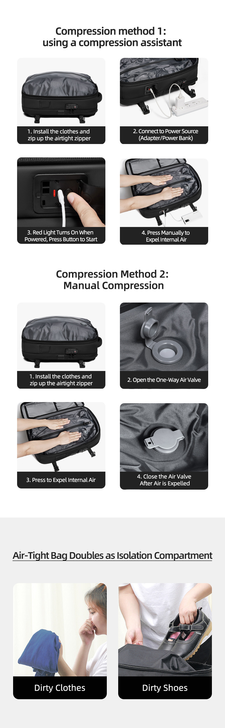 step-by-step compression assist and manual valve usage guide with before and after compression comparison