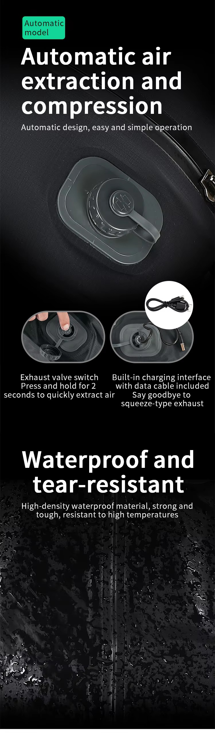 automatic electric pump exhaust valve and USB charging cable close-ups